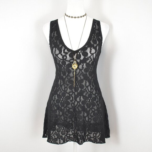 VTG 00s Y2K Black Floral Sheer Mesh Lace Scoop Neck Babydoll Slip Tank Top Sz M - Picture 1 of 6